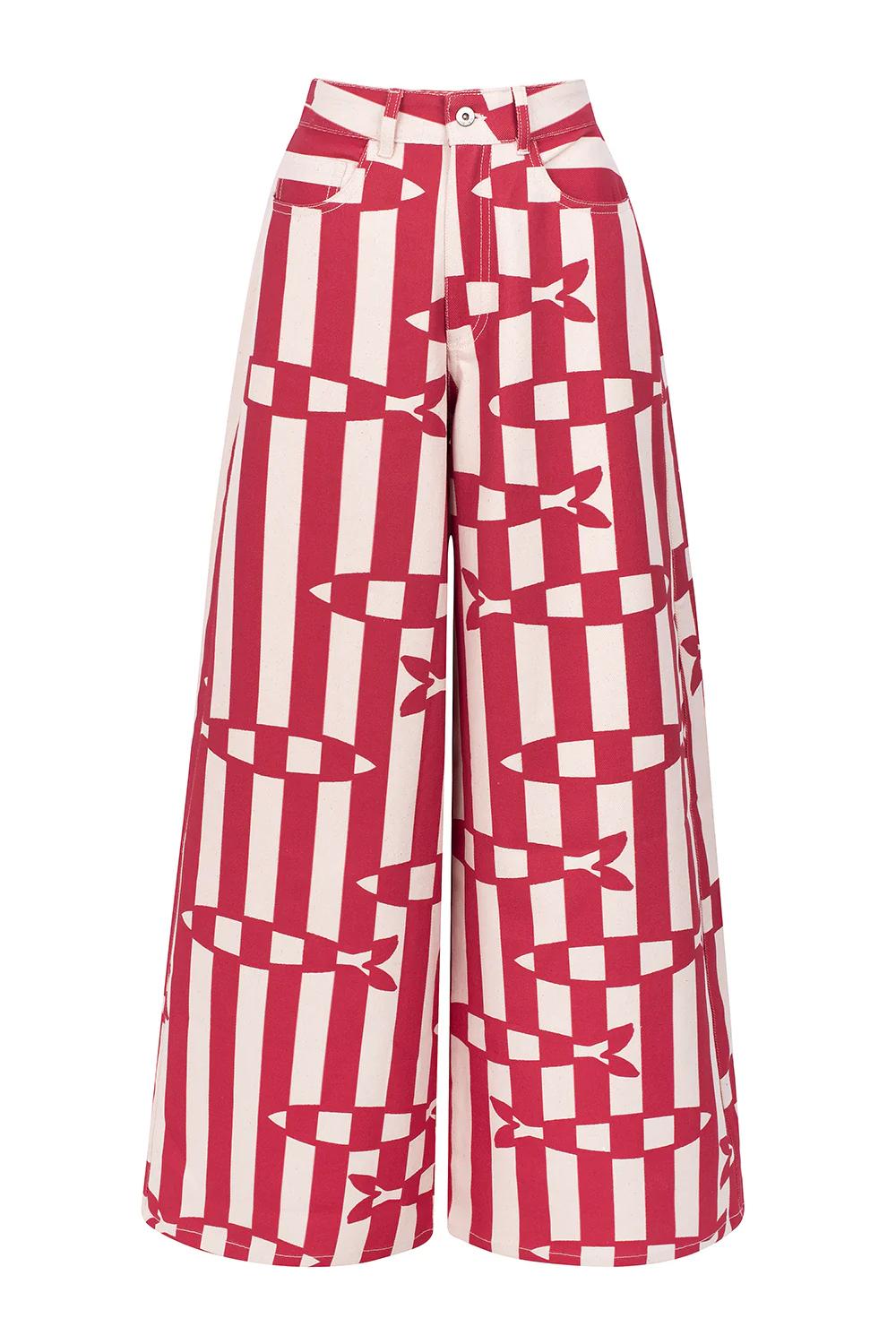 Fish Print Striped Wide-Leg Trousers