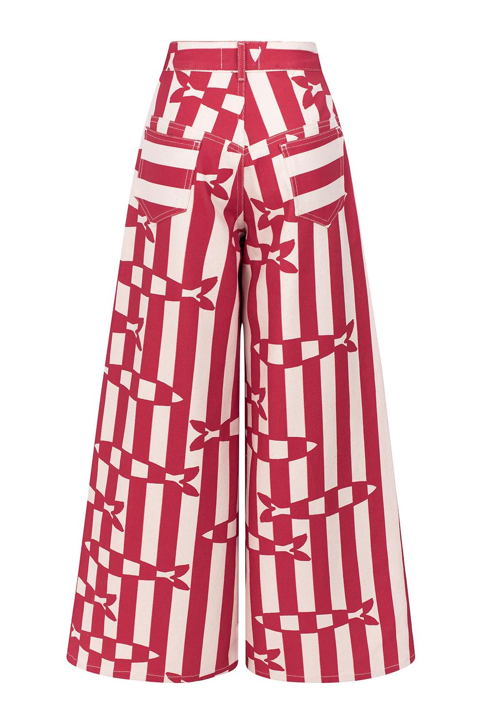 Fish Print Striped Wide-Leg Trousers