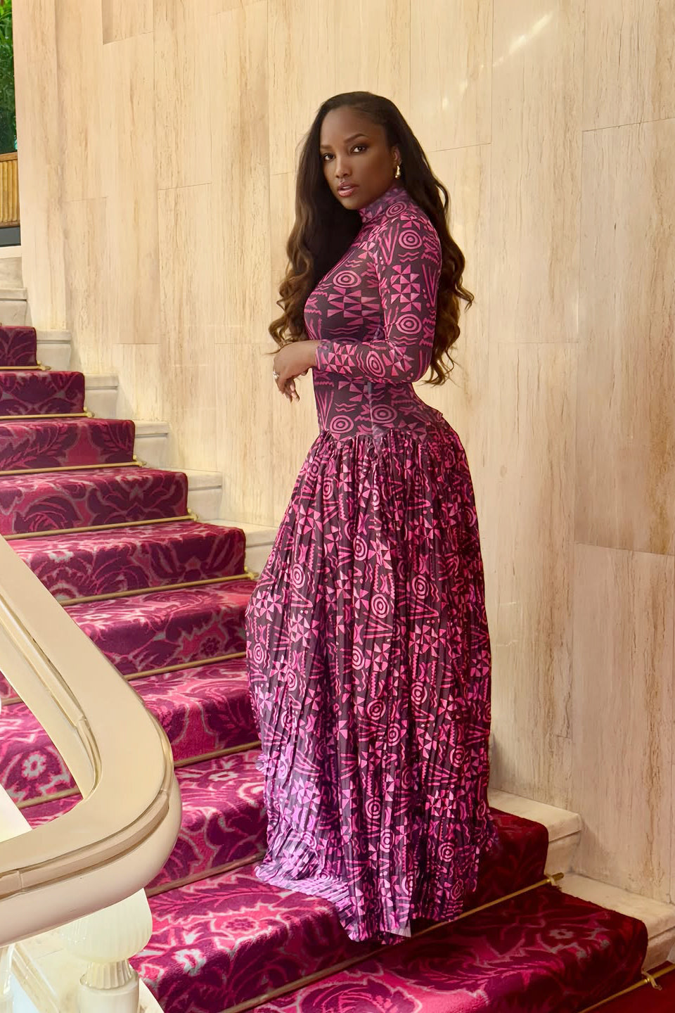Geometric Print High Neck Maxi-Length Dress