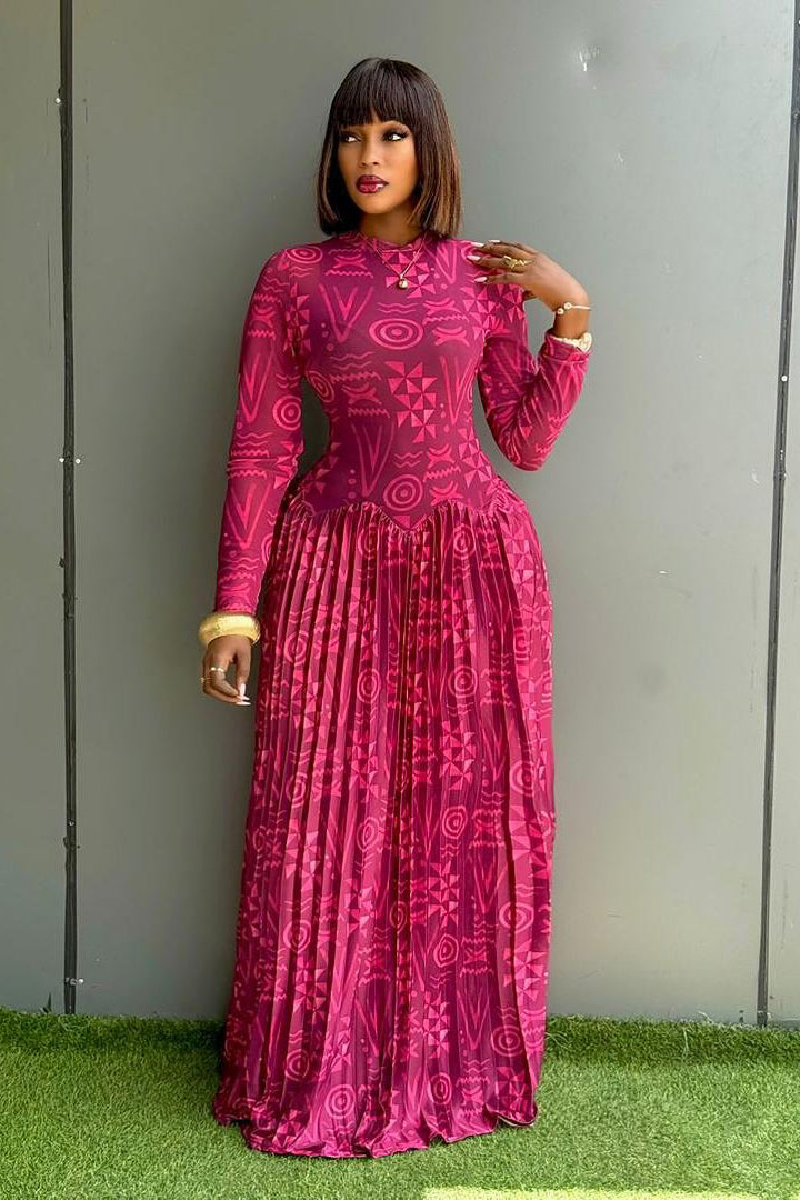 Geometric Print High Neck Maxi-Length Dress