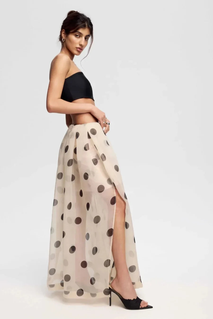 Modern Beige Polka Dot Sheer Maxi Skirt