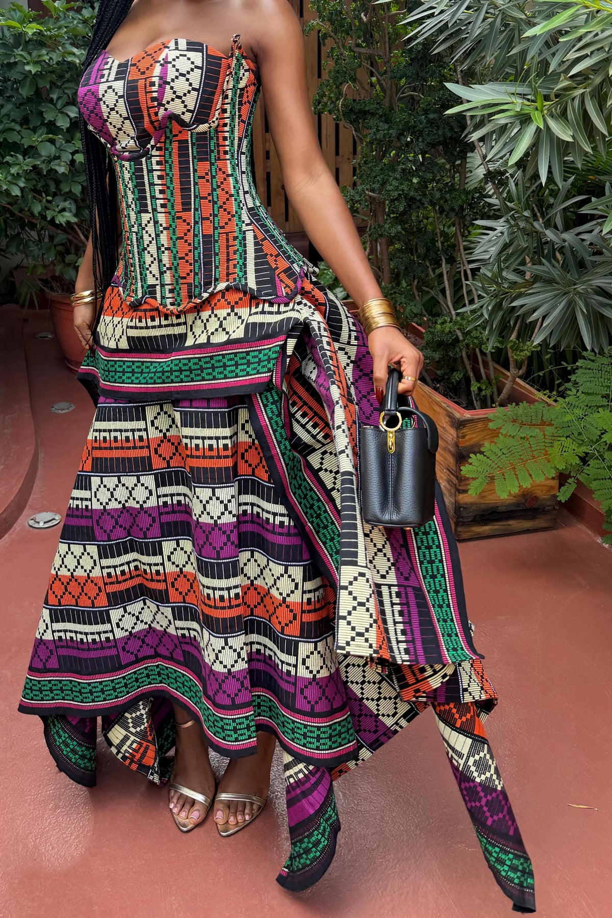 Coordinated Multicolor Print Strapless Corset-Style Top and Skirt Set