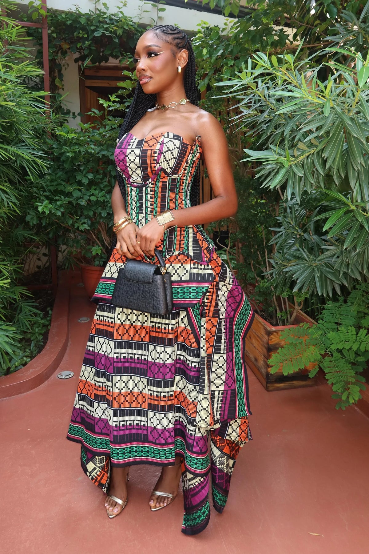 Coordinated Multicolor Print Strapless Corset-Style Top and Skirt Set