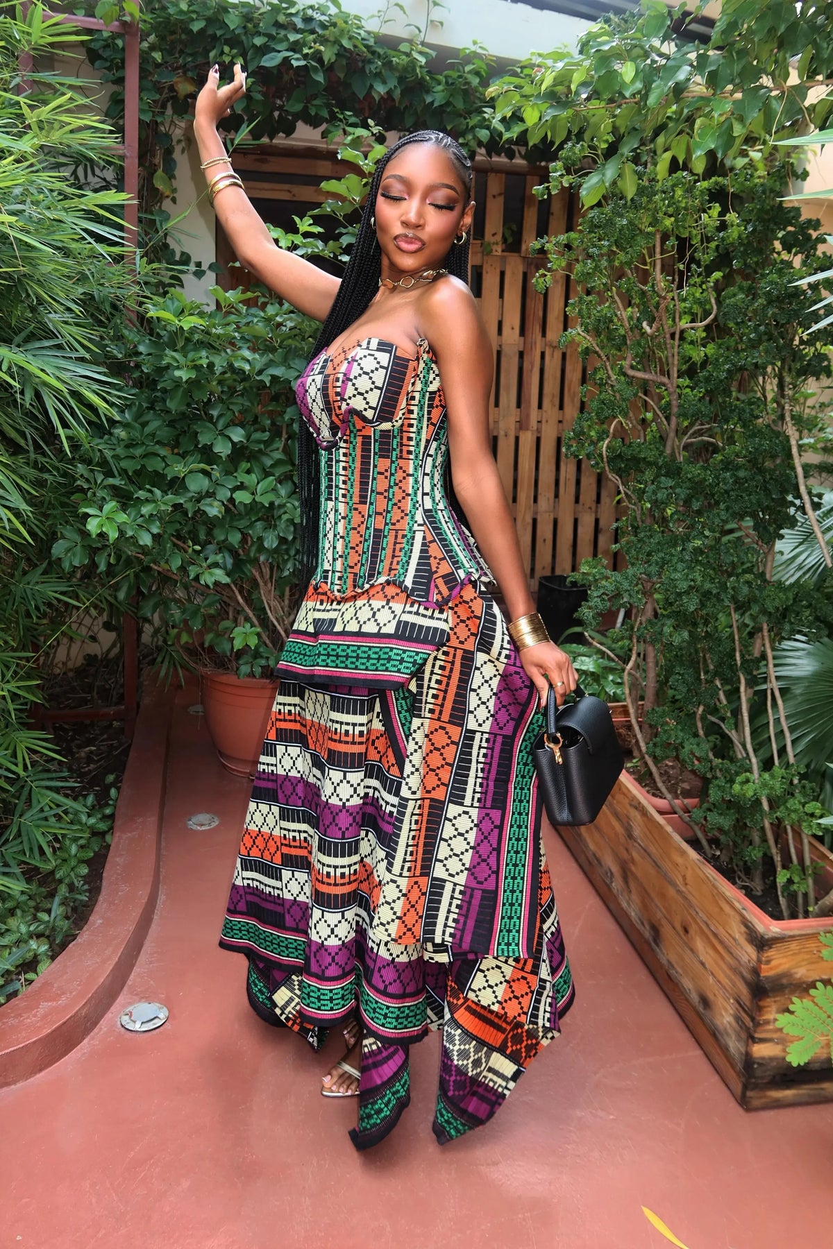 Coordinated Multicolor Print Strapless Corset-Style Top and Skirt Set