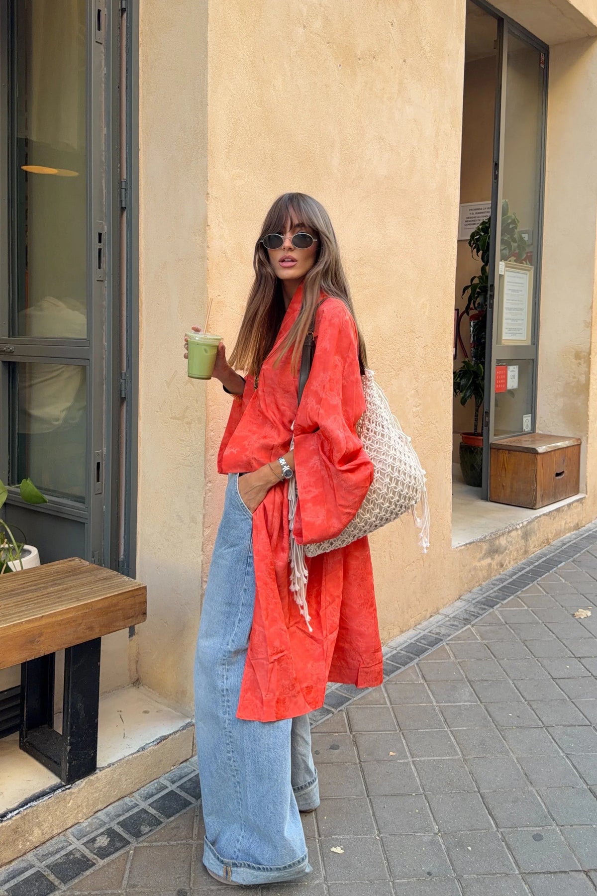 Orange Jacquard Kimono Knit Cardigan