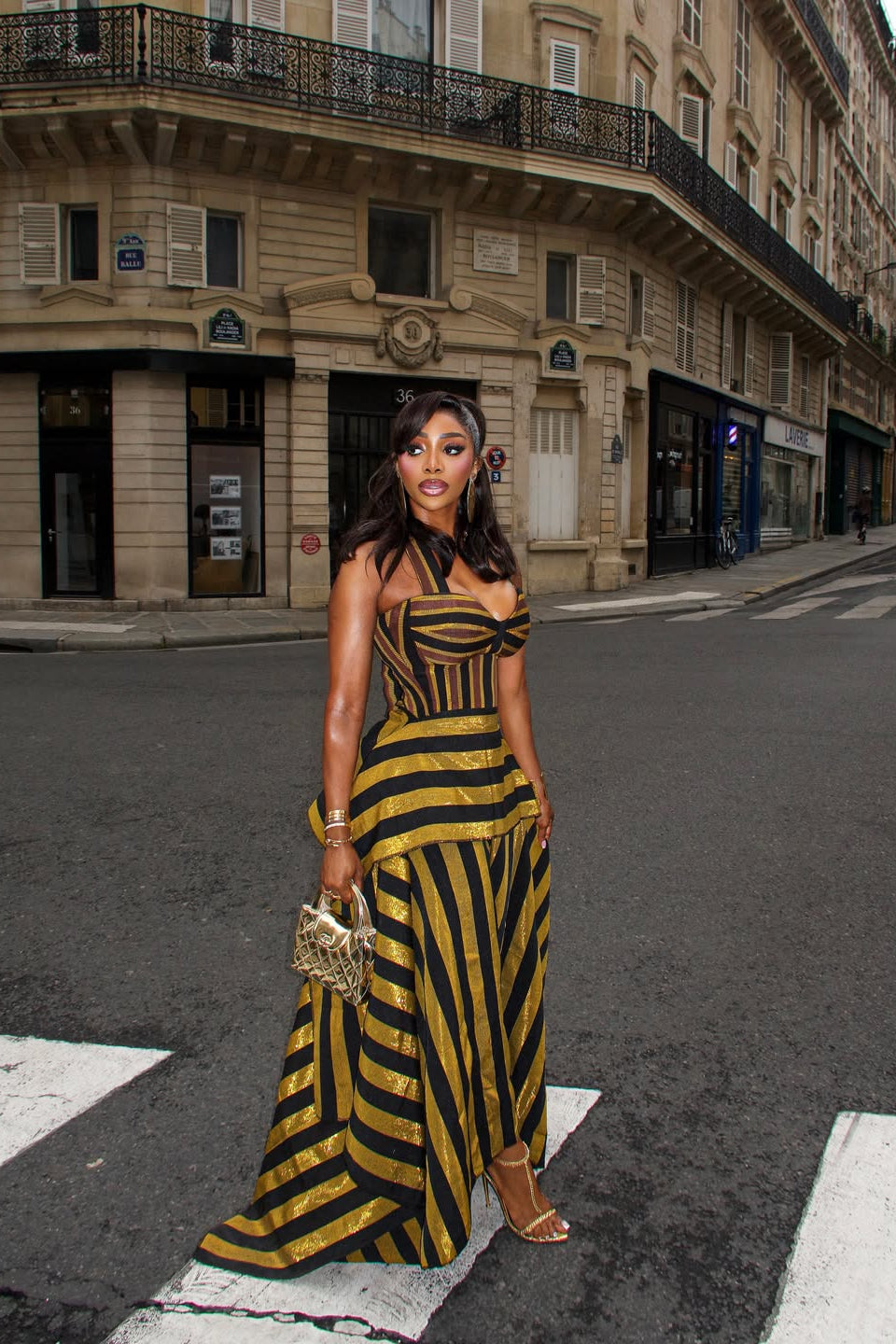Modern Retro Gold Black Stripe Statement Maxi Skirt