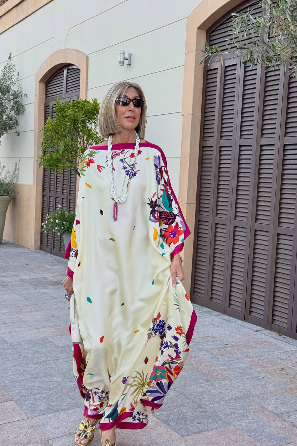 Colorful Flower Print Batwing Loose Kaftan