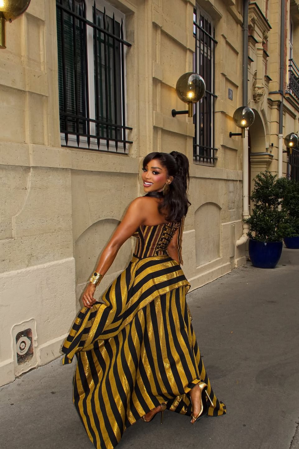 Modern Retro Gold Black Stripe Statement Maxi Skirt