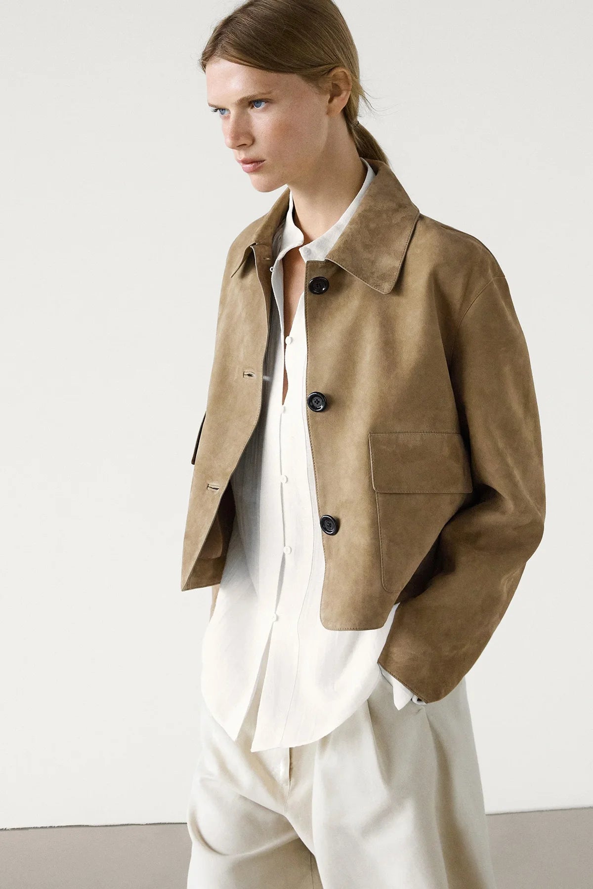 Suede Jacket with Button Closure and Pockets