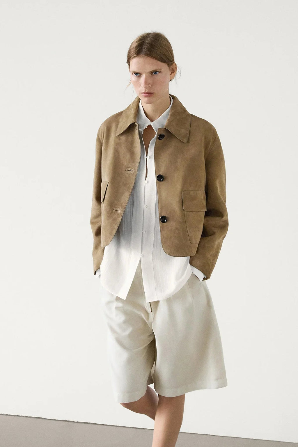 Suede Jacket with Button Closure and Pockets