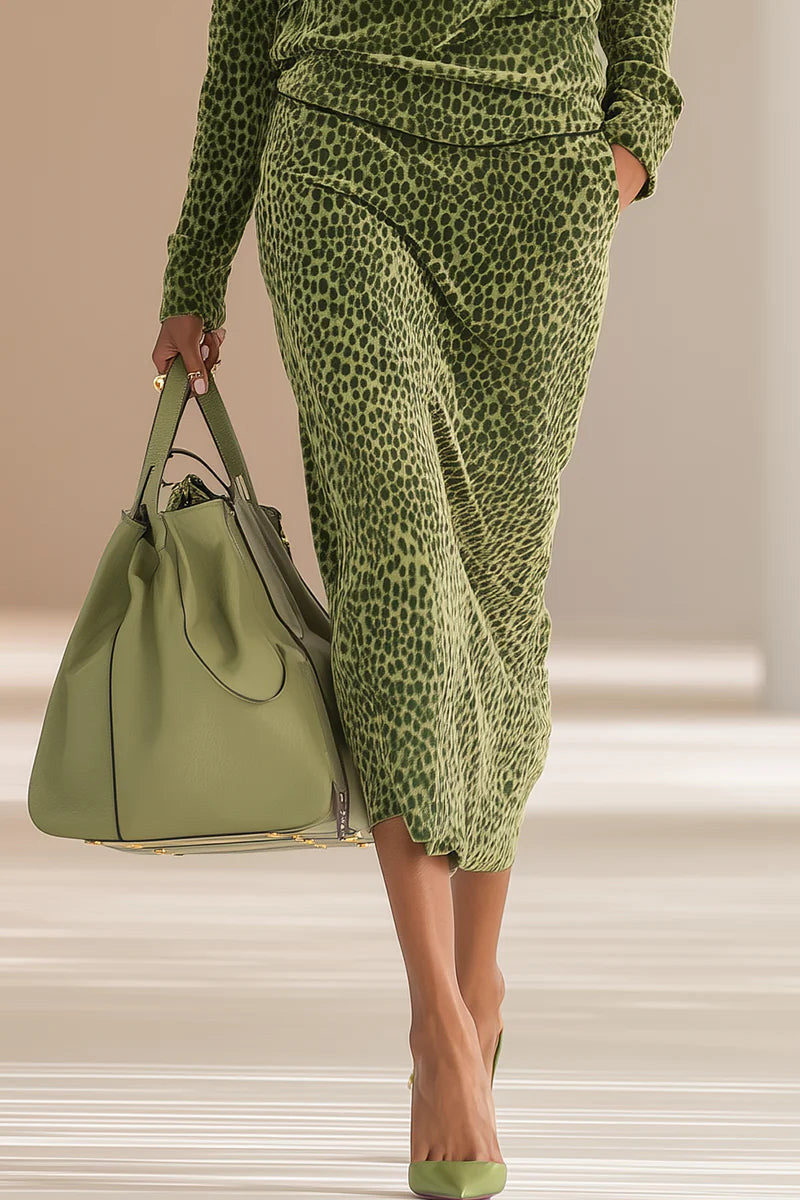 Coordinated Retro Leopard Print Stand Collar Velvet Top + Skirt Set