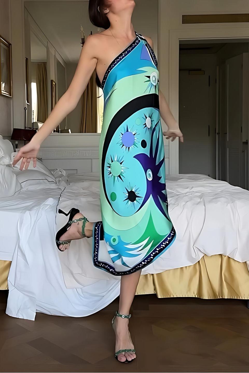 Stella Print Off-Shoulder Asymmetric Midi-Length Dress