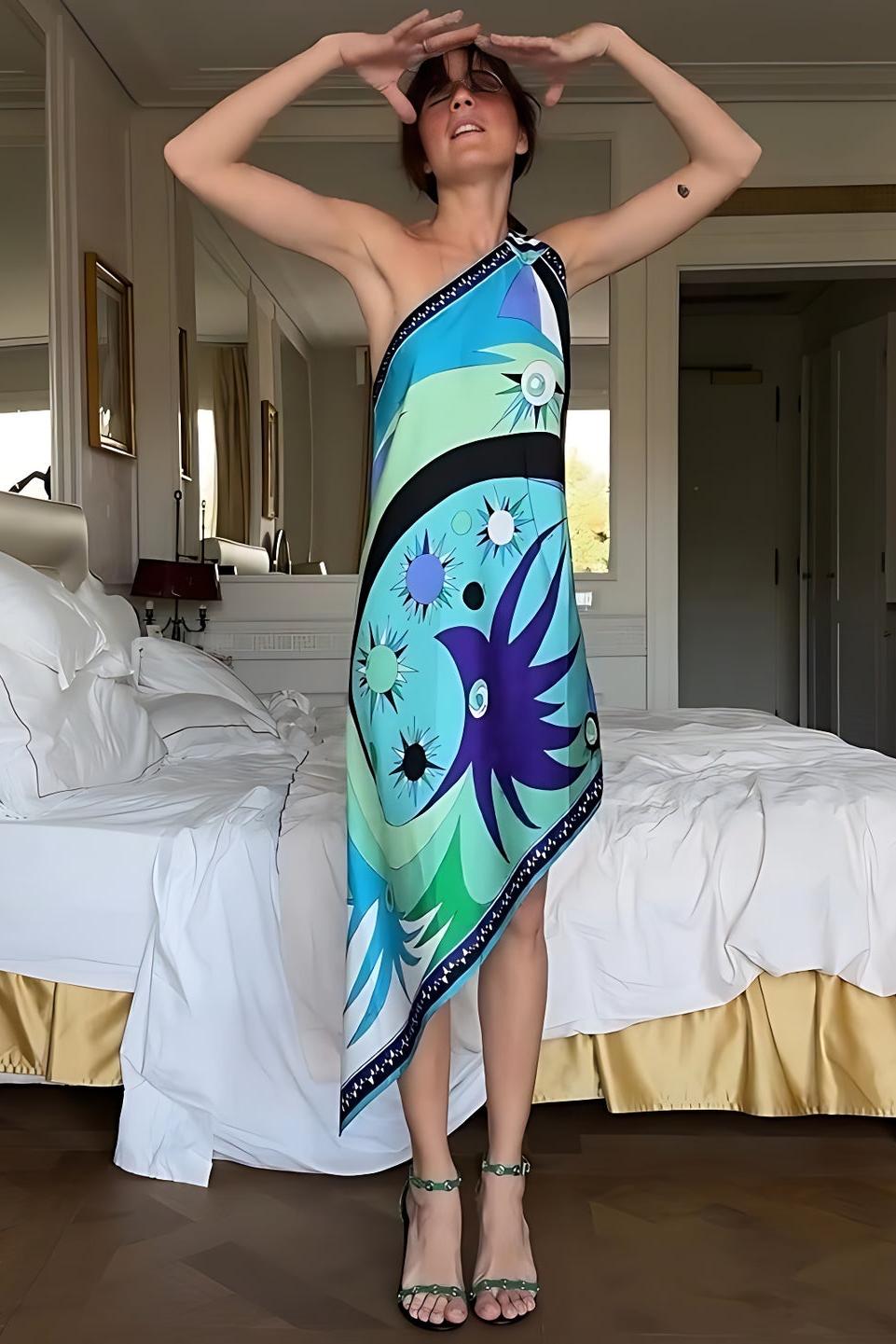 Stella Print Off-Shoulder Asymmetric Midi-Length Dress