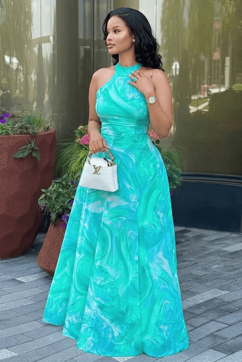 Turquoise Wave Print Halter Maxi-Length Dress