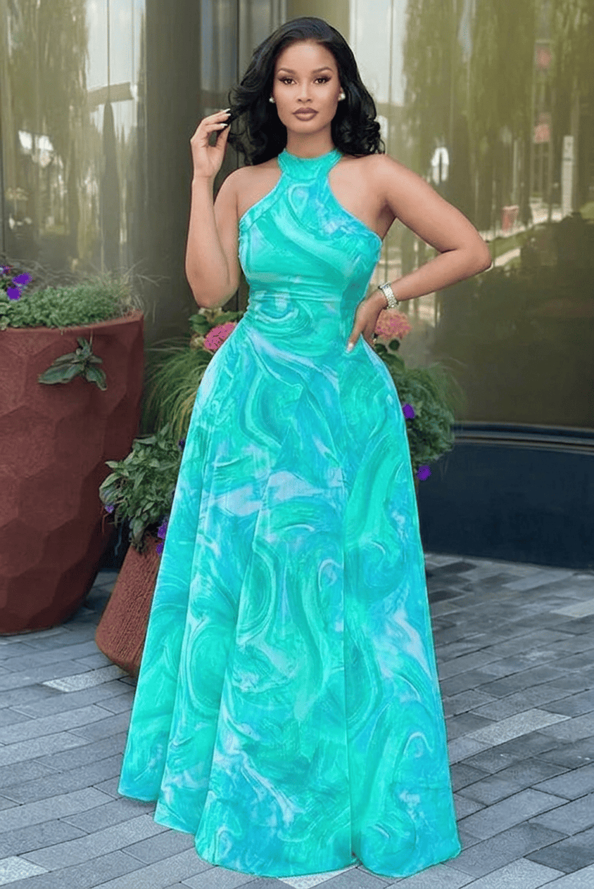 Turquoise Wave Print Halter Maxi-Length Dress