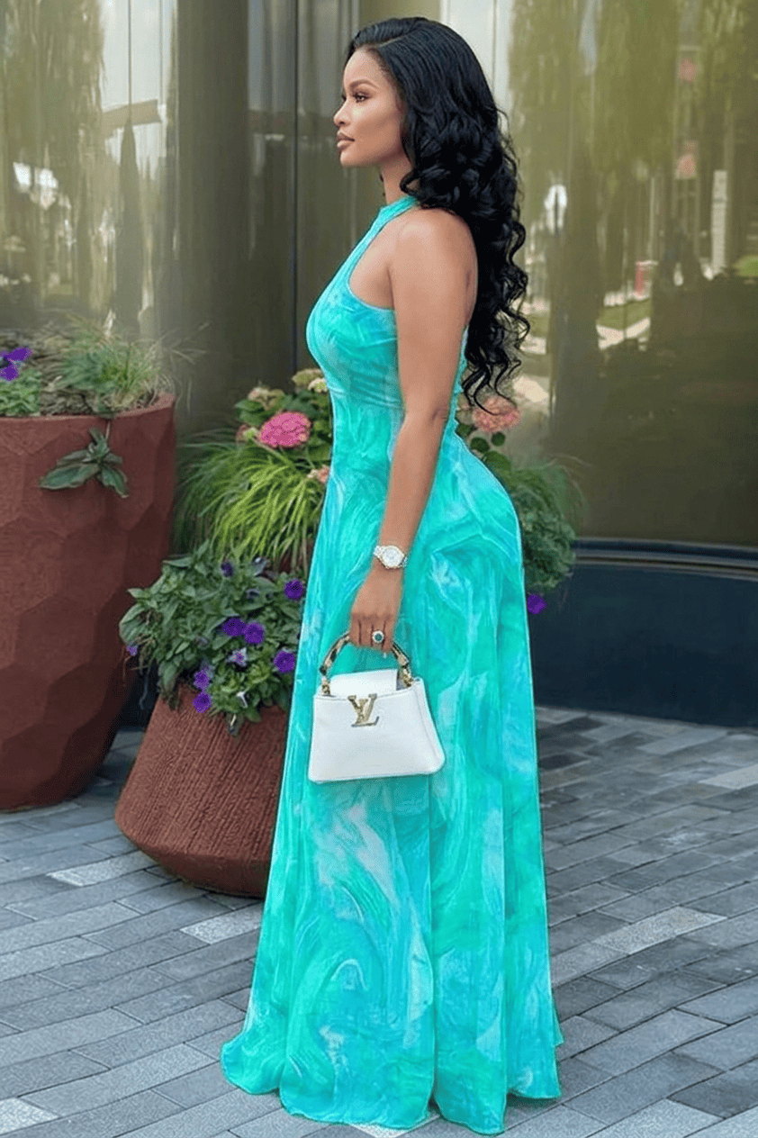 Turquoise Wave Print Halter Maxi-Length Dress