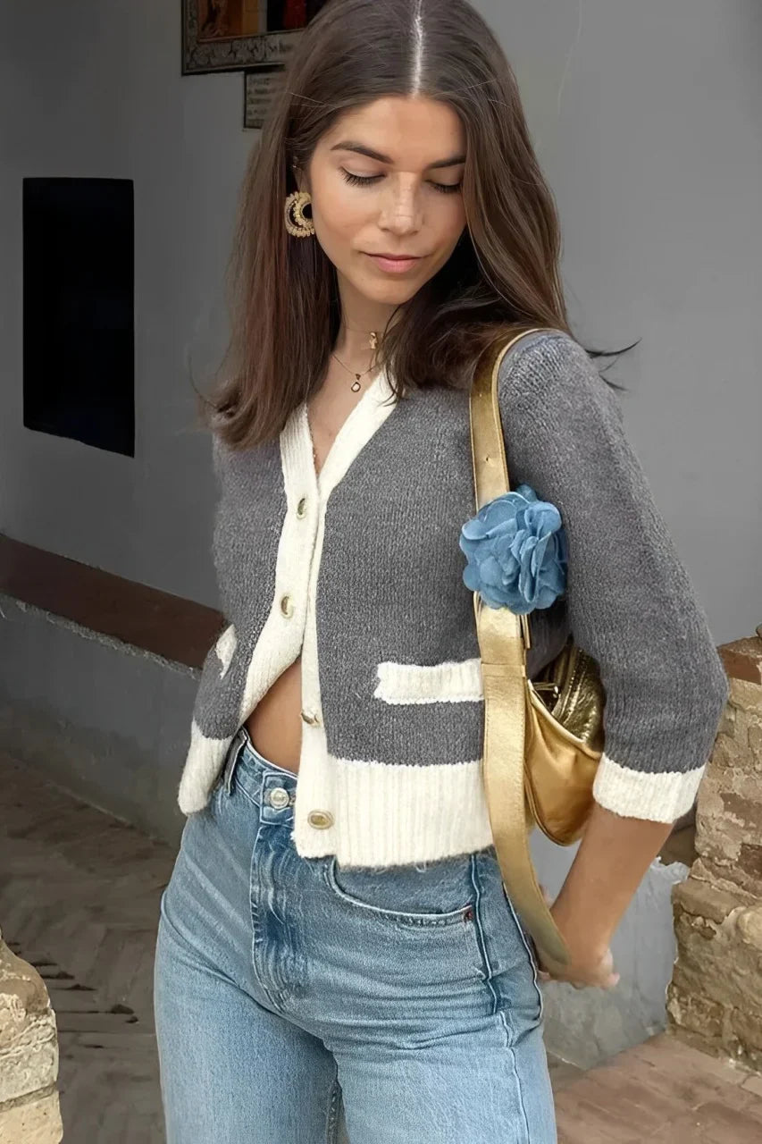 Modern Fine Knit Cardigan With Contrast Trim