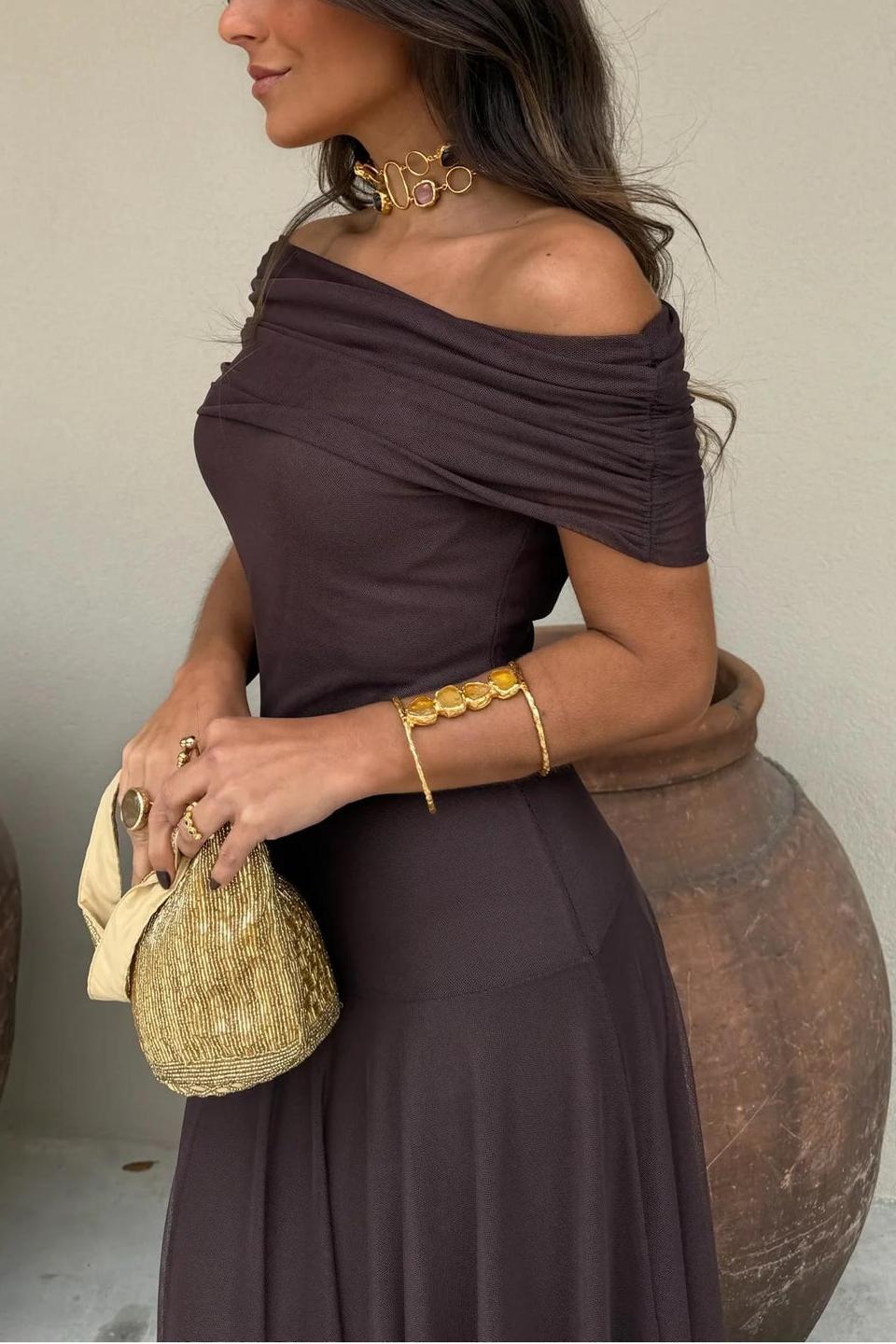Toledo One-Shoulder Mesh Maxi-Length Dress