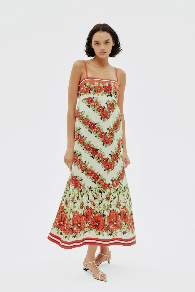 Tristane Spaghetti Flower Maxi-Length Dress In Red