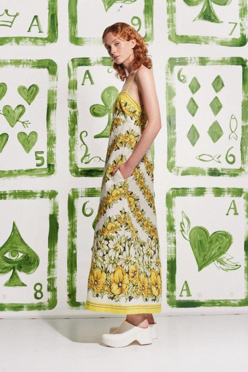 Tristane Spaghetti Flower Maxi-Length Dress In Yellow