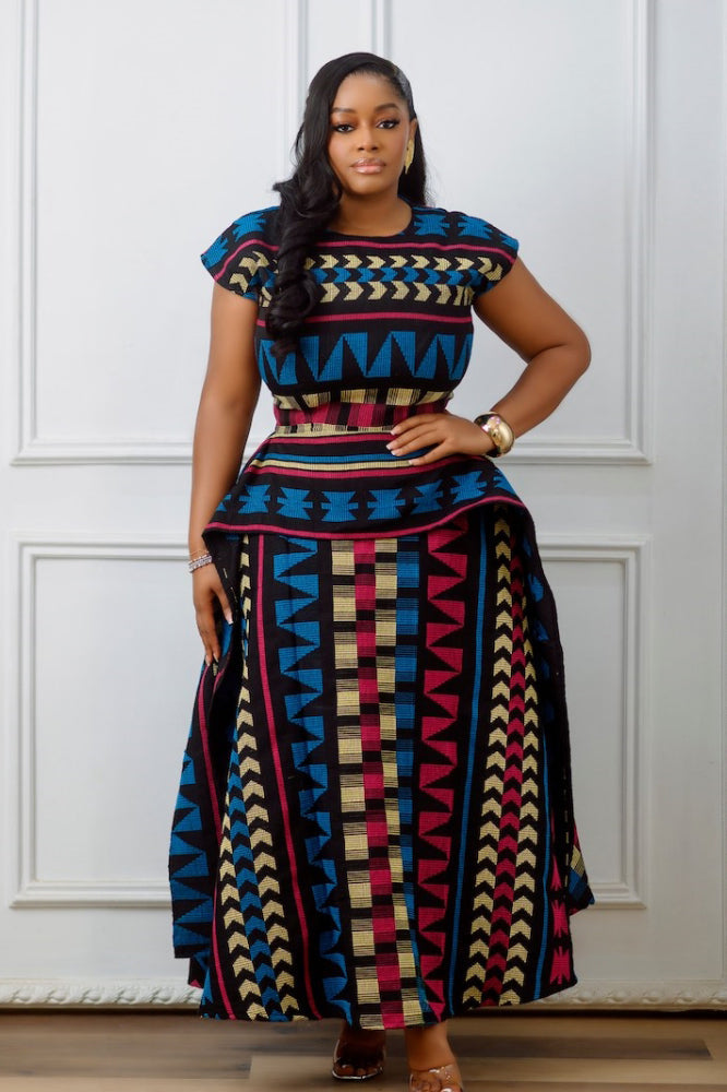 Multicolored African Print Peplum Maxi-Length Dress