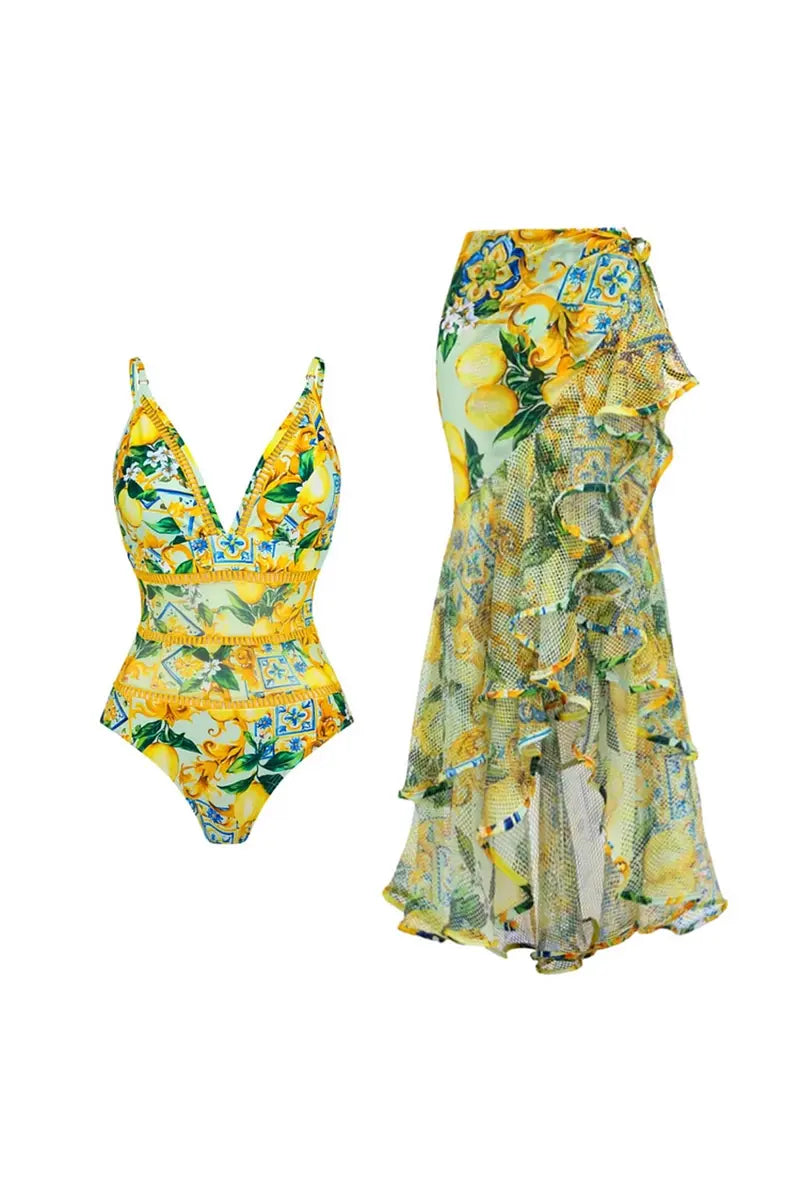 Mesh Lemon Print Swimwear Set