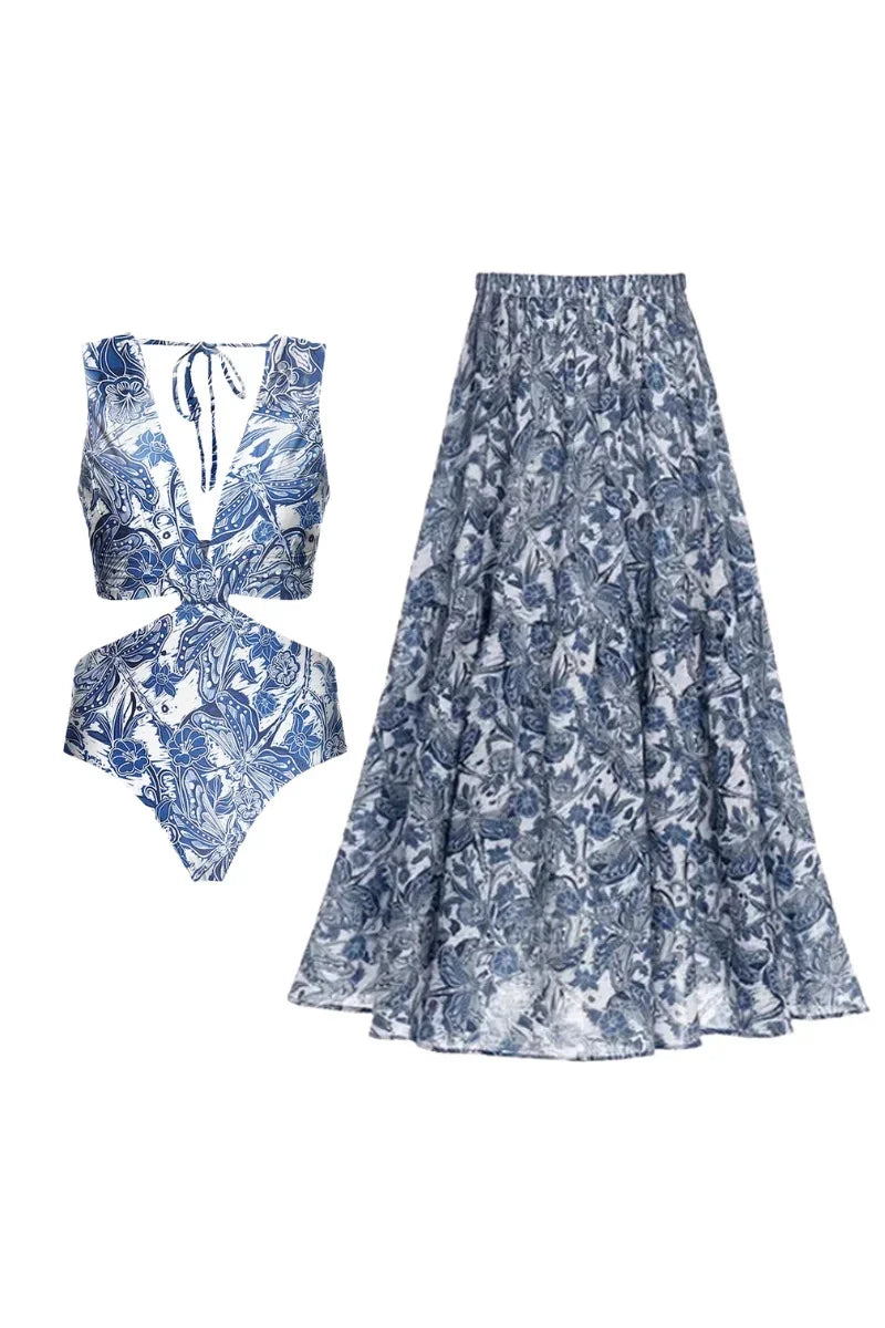Dragonfly V-Neck Cut-Out Skirted Swimwear Set