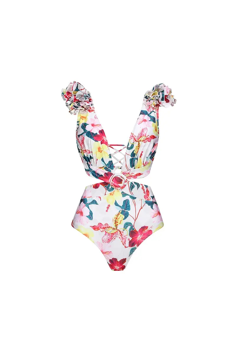 3D Flower Cut-Out Swimsuit One Piece Set