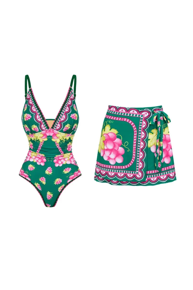 Deep V Spaghetti Strap Skirted Swimwear Set