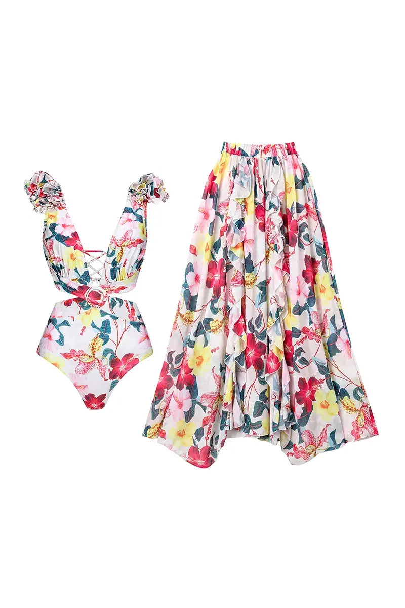 3D Flower Cut-Out Swimsuit One Piece Set