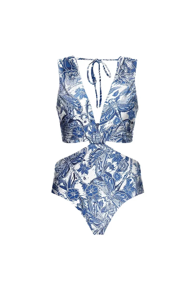 Dragonfly V-Neck Cut-Out Skirted Swimwear Set