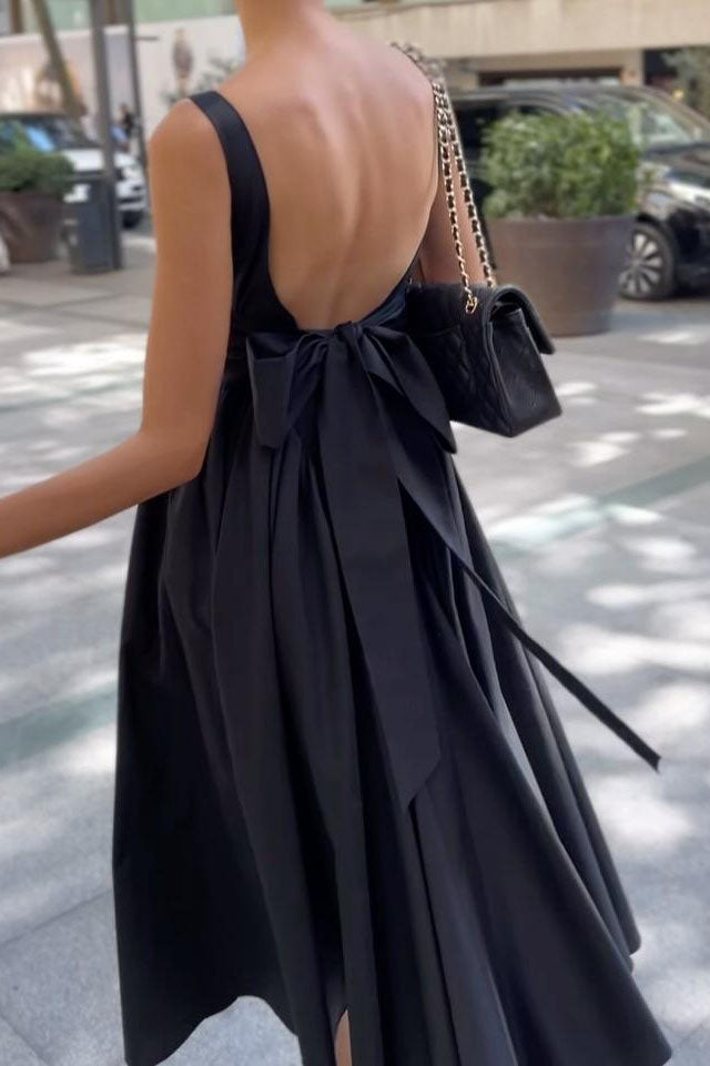 Black Square Neck Back Bow Midi-Length Dress