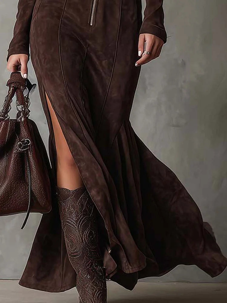 Retro Brown Zipper Belted Maxi-Length Dress