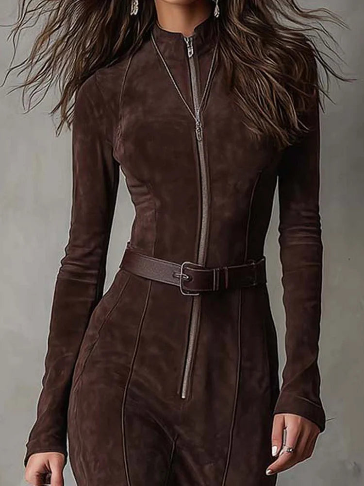 Retro Brown Zipper Belted Maxi-Length Dress