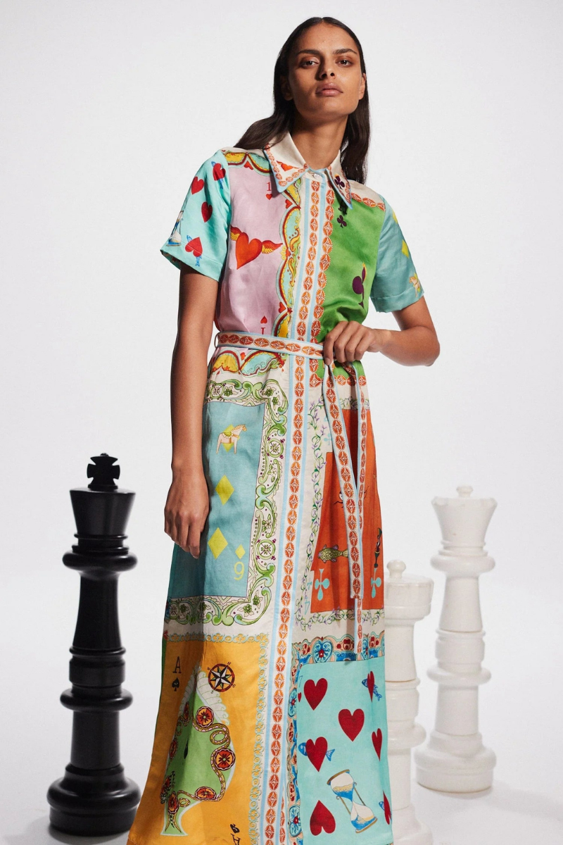 Vivienne Short Sleeve Poker Print Maxi-Length Dress