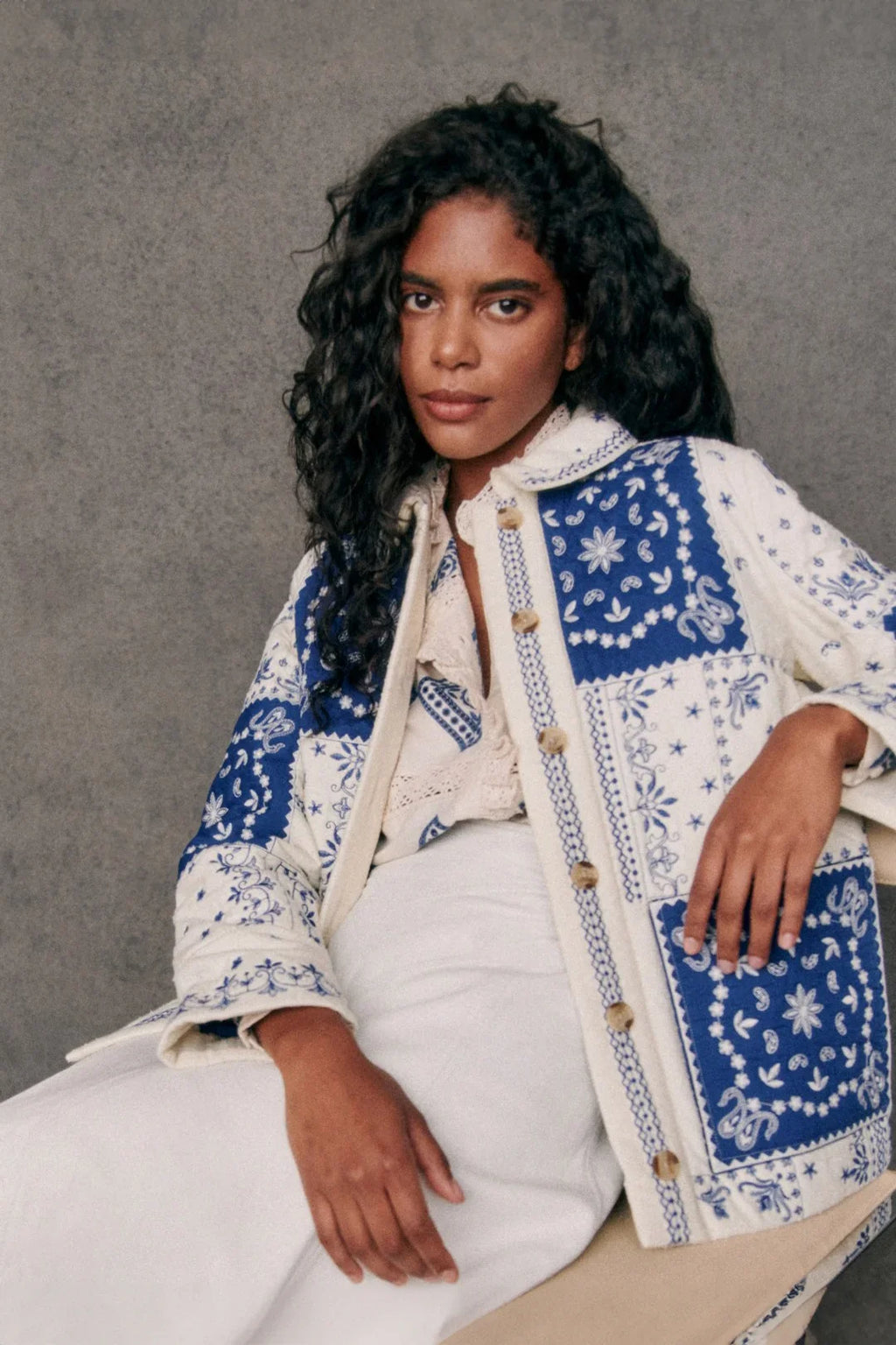 Modern Blue Ecru Bandana Quilted Jacket