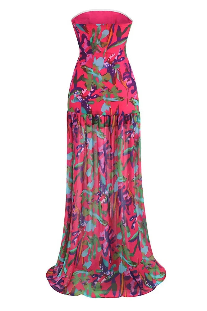 Pam Patterned Strapless Slit Maxi-Length Dress