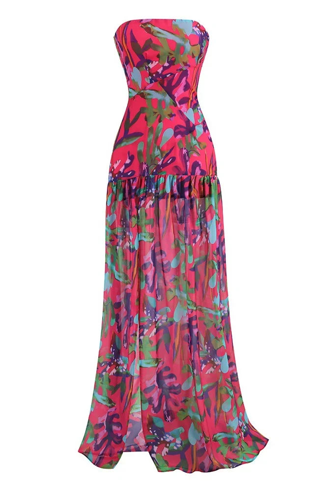Pam Patterned Strapless Slit Maxi-Length Dress