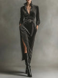 Refined Corduroy Dress with Tie Neck and Side Slits