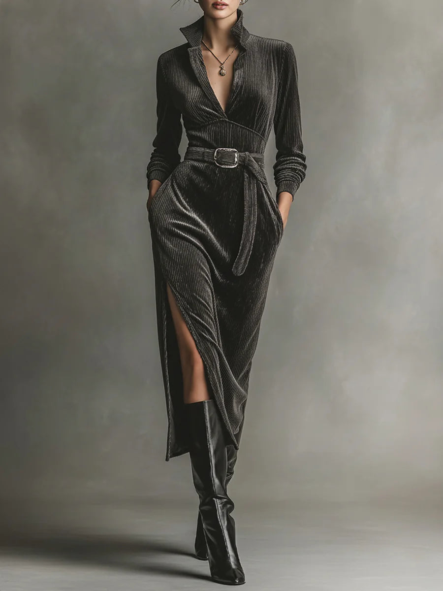 Refined Corduroy Dress with Tie Neck and Side Slits
