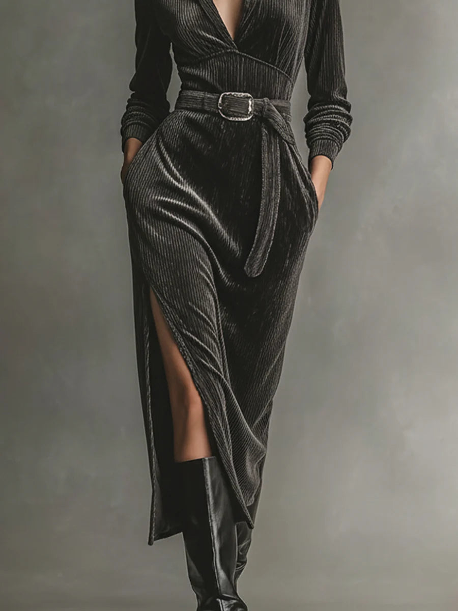 Refined Corduroy Dress with Tie Neck and Side Slits