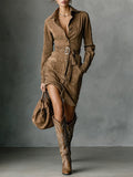 Suede Single Breasted Lapel Long Sleeve Midi-Length Dress
