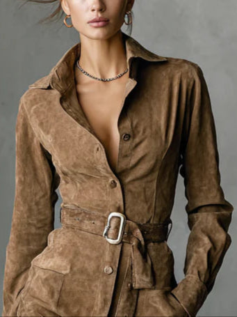 Suede Single Breasted Lapel Long Sleeve Midi-Length Dress