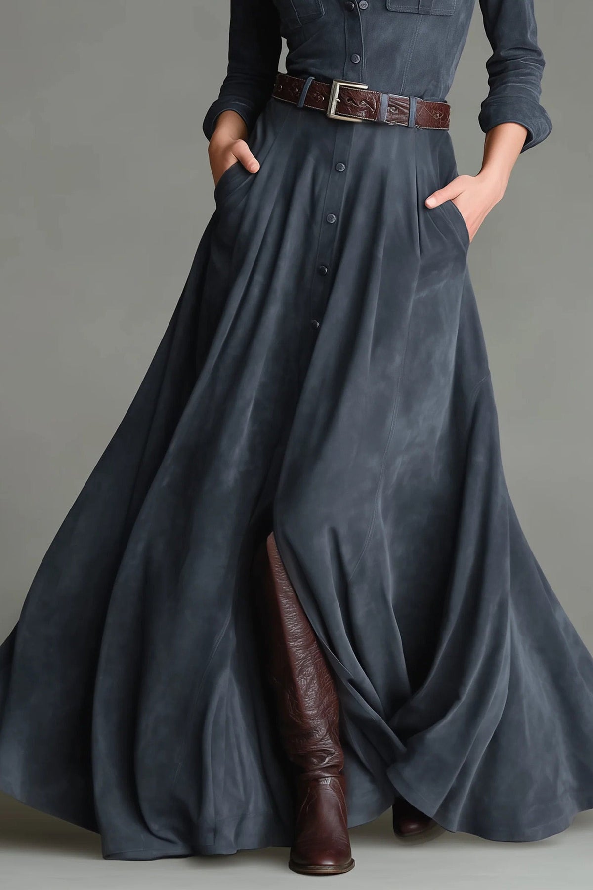 Faux Suede Shirt Collar Single-Breasted Belted Floor-Maxi-Length Dress