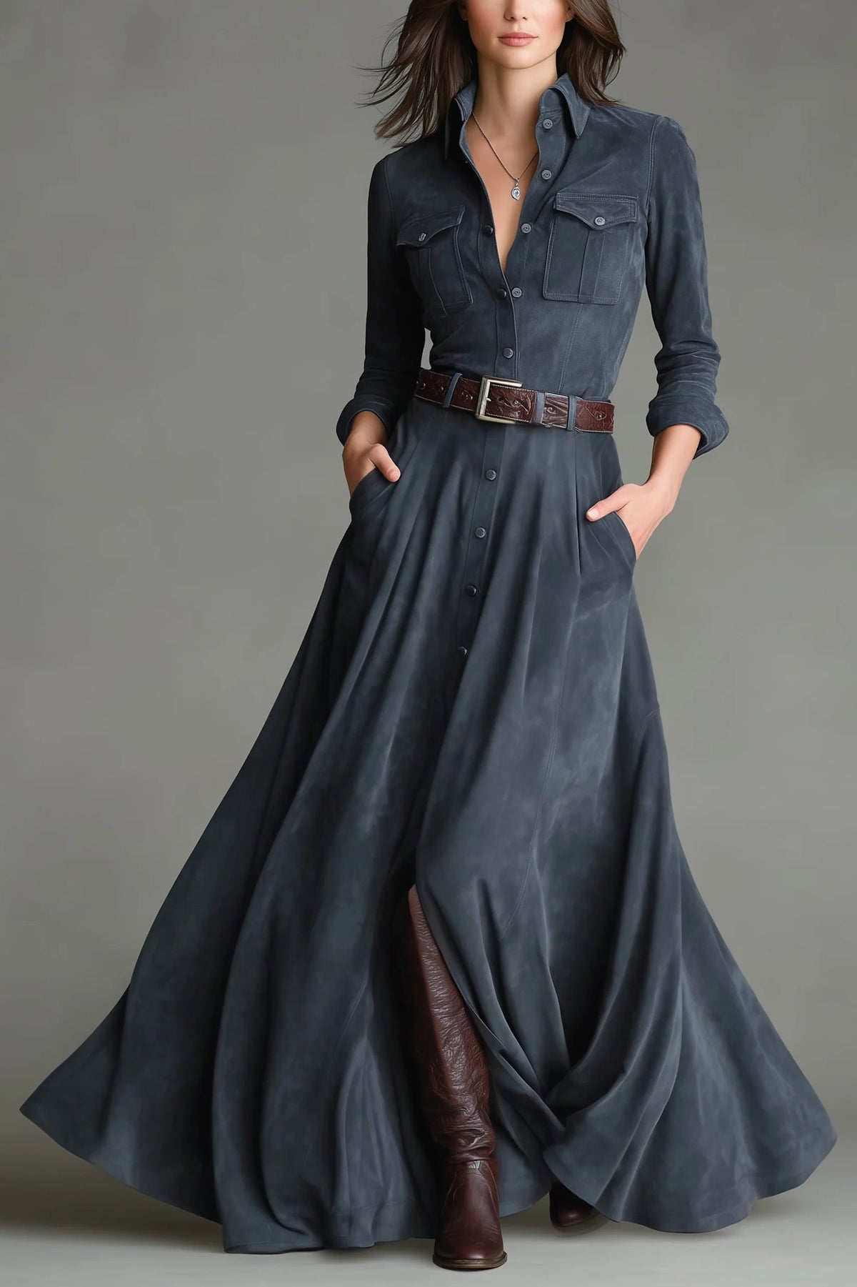 Faux Suede Shirt Collar Single-Breasted Belted Floor-Maxi-Length Dress