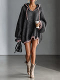 Loose-fitting hooded pink-trimmed knitted Mini-Length Dress