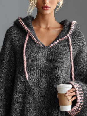 Loose-fitting hooded pink-trimmed knitted Mini-Length Dress