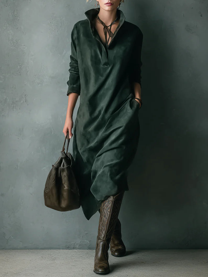 Green Loose Suede Lapel Long Sleeve Midi-Length Dress