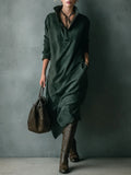 Green Loose Suede Lapel Long Sleeve Midi-Length Dress