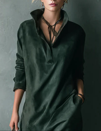 Green Loose Suede Lapel Long Sleeve Midi-Length Dress